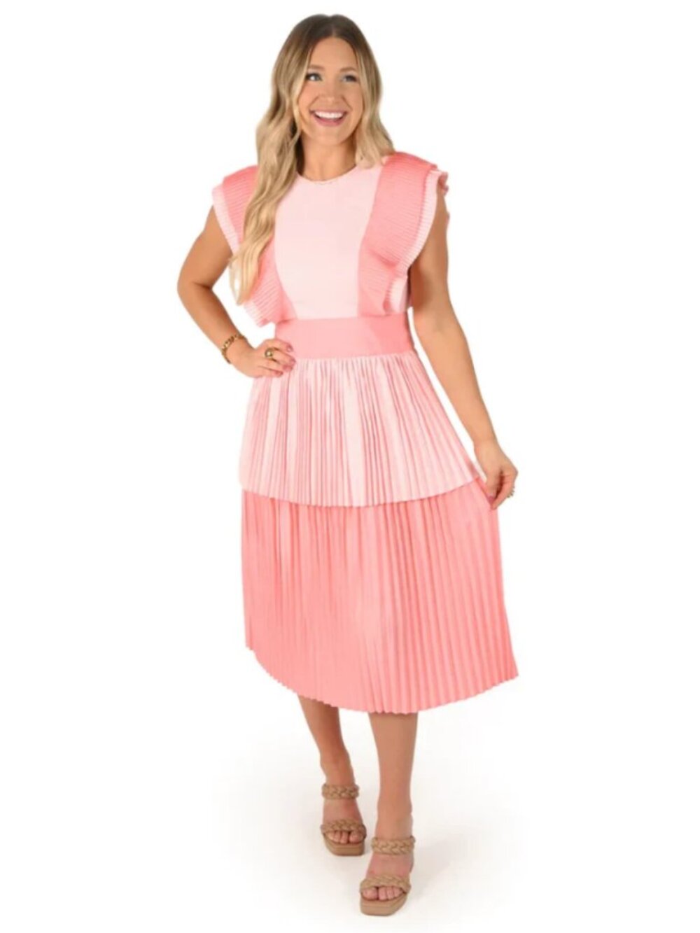 Emily McCarthy Rose Petal Pink Pleated Flutter Sleeve Midi Dress Sze XL NWT $358